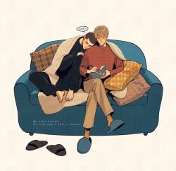 Rule 34 | 2boys, adam parrish, barefoot, bishounen, black hair, black sweater, blonde hair, blush, book, buzz cut, catbishonen, couch, couple, full body, head on another&#039;s shoulder, highres, holding, holding book, holding pen, leaning on person, male focus, multiple boys, pants, pen, pillow, red sweater, ronan lynch, short hair, sitting, sleeping, smile, speech bubble, sweater, the raven cycle, track pants, under covers, very short hair, writing, yaoi, zzz