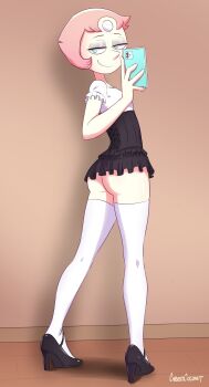 1girl ass black_eyeshadow black_shoes blue_eyes breasts cellphone commentary cubedcoconut dress english_commentary eyeshadow forehead_jewel frilled_dress frills full_body high_heels highres holding holding_phone makeup microdress naughty_face no_panties pearl_(steven_universe) phone pink_hair puffy_short_sleeves puffy_sleeves shadow shoes short_hair short_sleeves signature small_breasts smartphone smile solo steven_universe thighhighs two-tone_dress white_thighhighs zettai_ryouiki