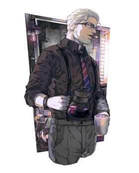 1boy atsuki0814 beard black-framed_eyewear black_shirt cigar coffee coffee_pot cup facial_hair flower glasses highres holding holding_cup indoors looking_at_viewer male_focus manly mouth_hold necktie original pants shirt smoking standing suspenders upper_body watch white_background white_hair wristwatch