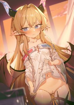 1girl absurdres averting_eyes blonde_hair blue_eyes blurry blurry_background blush cleft_of_venus closed_mouth cowboy_shot crossed_bangs crystal_wings demon_girl demon_horns demon_wings dress embarrassed flat_chest furrowed_brow gluteal_fold hair_between_eyes hair_intakes highres horns indoors lcy_bingzi lifting_own_clothes loli long_hair long_pointy_ears low_wings multicolored_hair navel no_panties off-shoulder_dress off_shoulder original pink_hair pointy_ears pussy solo standing streaked_hair uncensored very_long_hair white_dress wide_sleeves window wings