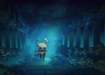 1other black_eyes black_skin cloak colored_skin full_body grey_cloak highres holding holding_map hollow_eyes hollow_knight horned_mask horns knight_(hollow_knight) map mask mememellowa nature night outdoors stone_walkway walking white_mask