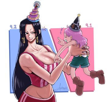 2girls absurdres annoyed artist_name astraphi birthday black_hair boa_hancock breasts child cleavage collarbone curvy earrings giggling hat highres holding huge_breasts jewelry jewelry_bonney lifting_person long_hair mature_female midriff multiple_girls navel one_piece overalls party_hat pink_hair pointing pointing_at_another red_shirt salome_(one_piece) shirt shoes shorts signature sleeveless sleeveless_shirt snake_earrings teasing white_shirt wide_hips