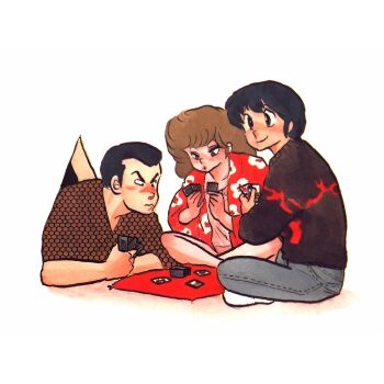 Rule 34 | 1girl, 2boys, black eyes, black hair, black shirt, brown hair, card, crossed legs, denim, floral print, godai yuusaku, highres, holding, holding card, hole in wall, honeycomb (pattern), honeycomb print, jeans, karuta (card game), long hair, long sleeves, looking to the side, maison ikkoku, multiple boys, non-web source, official art, pants, playing card game, playing games, roppongi akemi, shirt, short hair, short sleeves, simple background, smile, socks, takahashi rumiko, white background, white socks, yotsuya