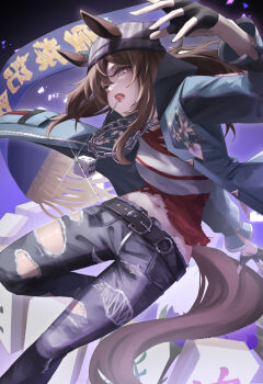 1girl animal_ears beanie belt black_belt black_gloves blue_coat brown_hair candy coat denim dice dice_necklace ears_through_headwear food gloves grey_hat hakekeke2525 hat highres horse_ears horse_girl jeans jewelry lollipop lollipop_in_mouth long_hair long_sleeves mahjong mahjong_tile midriff nakayama_festa_(umamusume) navel necklace pants purple_eyes shirt solo takarazuka_kinen torn_clothes torn_jeans torn_pants torn_shirt umamusume