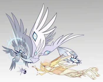 3girls absurdly_long_hair angel angel_wings beak biblically_accurate_angel bird_girl blonde_hair blue_eyes commentary dress emily_(hazbin_hotel) english_commentary extra_eyes feathers flying furry furry_female hazbin_hotel hellaverse highres long_eyelashes long_hair looking_at_another multiple_girls sera_(hazbin_hotel) speaker_of_god_(hazbin_hotel) tbtrash very_long_hair white_dress wings yellow_dress yellow_feathers