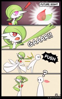 ! absurdres artist_name bob_cut closed_eyes colored_skin commentary dress future_sight_(pokemon) gardevoir gen_3_pokemon glowing glowing_eyes green_hair green_skin highres multicolored_skin nintendo open_mouth pokemon pokemon_(creature) pushing red_eyes signature smile two-tone_skin untranslatable_commentary water_balloon white_dress white_skin winkyfaces
