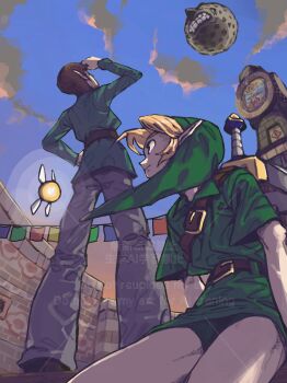 2boys absurdres blonde_hair clock clock_tower cloud cloudy_sky fairy flag green_hat green_tunic grin gus_uur hat highres link male_focus moon_(zelda) multiple_boys nintendo pointy_ears short_hair sky smile sword tatl the_legend_of_zelda the_legend_of_zelda:_majora&#039;s_mask tower tunic weapon young_link