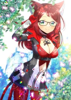 1girl animal_ear_fluff animal_ears arm_up backlighting black-framed_eyewear black_jacket blurry blurry_background blurry_foreground bodysuit breasts brown_hair cleavage closed_mouth collarbone commission copyright_request day depth_of_field glasses gloves green_eyes jacket kou_hiyoyo long_hair looking_at_viewer medium_breasts outdoors red_bodysuit red_gloves skeb_commission smile solo sunlight