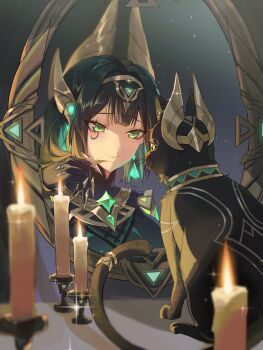 Rule 34 | 1girl, ancient egyptian clothes, ashru (genshin impact), black gloves, candle, cat, claw ring, commentary, different reflection, ear covers, facial mark, gem, genshin impact, gloves, green eyes, green gemstone, green hair, green shirt, hairband, hand in own hair, hashtag-only commentary, headgear, highres, looking at another, mirror, mole, mole under eye, nefer (genshin impact), reflection, shirt, short hair, smile, sparkle, symbol-only commentary, viviwi