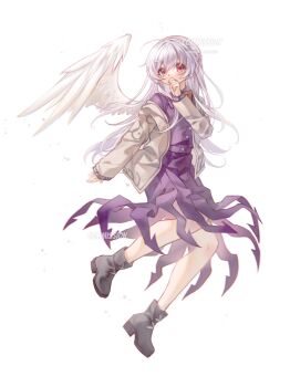 1girl 80isiiii alternate_hair_length alternate_hairstyle boots bow bowtie commentary commission covering_own_mouth dress feathered_wings full_body grey_boots grey_hair highres jacket kishin_sagume long_hair long_sleeves looking_at_viewer open_clothes open_jacket purple_dress red_bow red_bowtie red_eyes simple_background single_wing solo touhou very_long_hair watermark white_background white_wings wings