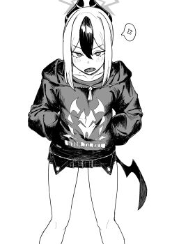 1girl anger_vein blue_archive blush collarbone commentary_request demon_wings greyscale halo hands_in_pockets highres hood hood_down hoodie horns kayoko_(blue_archive) long_sleeves looking_at_viewer mole mole_on_collarbone monochrome multicolored_hair open_mouth simple_background single_wing spoken_anger_vein straight-on two-tone_hair white_background wings y4mori_gekko