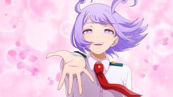 1girl blue_eyes blue_hair boku_no_hero_academia cherry_blossoms drill_hair female_focus hado_nejire highres kyochakocchis looking_at_viewer matching_hair/eyes necktie open_mouth outstretched_hand pink_background red_necktie school_uniform shirt smile solo teeth twin_drills u.a._school_uniform upper_teeth_only white_shirt