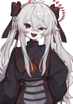 1girl aegyo_sal antenna_hair arazan_(ara_arazan24) black_bodysuit bodysuit bright_pupils clothing_cutout covered_navel gekiyaku gekiyaku_(vocaloid6) grey_hair hair_between_eyes halo hashtag-only_commentary high_collar ladder_cutout long_hair long_sleeves looking_at_viewer open_mouth puffy_long_sleeves puffy_sleeves red_eyes red_halo red_trim see-through_clothes see-through_cutout sharp_teeth short_eyebrows sidelocks simple_background slit_pupils smile solo squinting stomach_cutout teeth twintails uneven_eyes upper_body upper_teeth_only utau voiceroid white_background