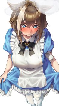 1girl absurdres alternate_costume animal_ears apron black_bow black_bowtie blue_dress blue_eyes blush bow bowtie breasts brown_hair cheval_grand_(umamusume) closed_mouth commentary_request commission dress enmaided feet_out_of_frame frilled_apron frilled_dress frills hair_between_eyes hair_intakes highres horse_ears horse_girl horse_tail large_breasts maid maid_apron multicolored_hair nose_blush pantyhose puffy_short_sleeves puffy_sleeves short_hair short_hair_with_long_locks short_sleeves sidelocks simple_background skeb_commission skirt_hold solo standing streaked_hair sweat tail umamusume utsuke_(u_tuk_e) white_apron white_background white_pantyhose white_streaks