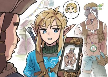 3boys abs black_hair blonde_hair blue_eyes brown_gloves brown_hair brown_hat brown_vest champion's_tunic_(zelda) chibi chibi_inset commentary_request dark-skinned_male dark_skin earrings facial_hair gloves goatee hair_over_eyes hat holding jewelry lanyard link monbetsu_kuniharu multicolored_hair multiple_boys muscular muscular_male nintendo no_shirt pointy_ears princess_zelda purah_pad spoken_character streaked_hair sweater sword sword_on_back tauro_(totk) the_legend_of_zelda the_legend_of_zelda:_tears_of_the_kingdom turtleneck turtleneck_sweater two-tone_hair vest weapon weapon_on_back white_hair