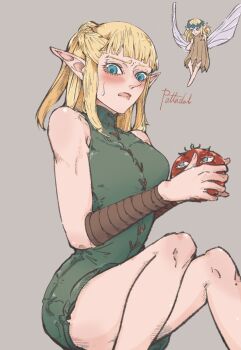1girl adapted_costume alternate_hairstyle blonde_hair blue_eyes blush brown_background character_name dryad_fruit_(dungeon_meshi) dungeon_meshi elf fairy long_hair looking_down looking_to_the_side open_mouth pattadol pointy_ears ponytail sitting solo sweatdrop tomato tunic vambraces