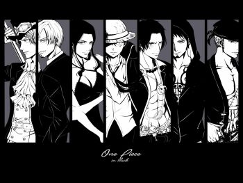 Rule 34 | 1girl, 2018, abs, ascot, bandana, belt, chest tattoo, closed mouth, collarbone, collared shirt, commentary request, copyright name, curly eyebrows, devil fruit power, extra arms, facial hair, formal clothes, freckles, goatee, goggles, goggles on headwear, greyscale, hana hana no mi, haramaki, hat, highres, jewelry, monkey d. luffy, monochrome, mustache, necklace, nico robin, one piece, osage (osage8545675), pearl necklace, portgas d. ace, roronoa zoro, sabo (one piece), sanji (one piece), scar, scar on face, shirt, sideburns, smile, straw hat, suit, tattoo, trafalgar law