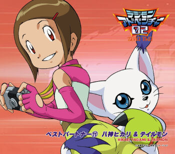 ass blue_eyes brown_hair camera cat claws digimon digimon_(creature) digimon_adventure_02 elbow_gloves female_focus fingerless_gloves gloves grin holding holding_camera looking_at_viewer looking_back official_art pink_gloves pink_shirt pointing pointing_at_ass red_eyes shirt short_hair shorts sleeveless sleeveless_shirt smile tail tailmon white_shirt yagami_hikari yellow_shorts