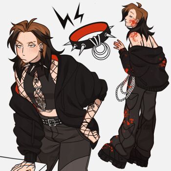 Rule 34 | 1girl, arm tattoo, black camisole, black hair, black hoodie, black pants, black shoes, blood, blood on clothes, blood on face, blood on hands, body freckles, brown hair, camisole, cargo pants, chain, chest tattoo, collar, commentary, earrings, english commentary, eyebrow cut, fishnet sleeves, fishnet top, fishnets, freckles, frown, gluca, hand on own hip, highres, hood, hoodie, jewelry, leaning forward, multicolored hair, off shoulder, pants, real life, self-portrait, shoes, spiked collar, spikes, stomach tattoo, streaked hair, tattoo, two-tone hair