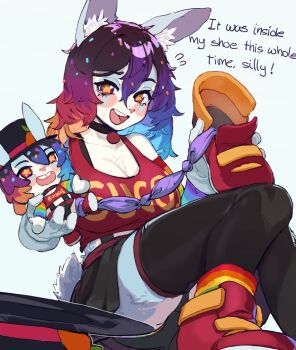 1girl animal_ears animal_nose black_choker black_panties black_skirt black_thighhighs blue_hair blush breasts carrot character_doll choker cleavage commentary cupcake_(yoako) doll english_commentary english_text furry furry_female gloves gradient_hair hair_between_eyes hat highres holding k-rha&#039;s large_breasts looking_at_viewer magic_trick magician miniskirt multicolored_hair open_mouth original panties pantyshot pleated_skirt purple_hair rabbit_ears rabbit_girl rabbit_tail red_eyes red_hair red_shirt shirt shoes simple_background sitting skirt smile solo star-shaped_pupils star_(symbol) symbol-shaped_pupils tail teeth thighhighs thighs top_hat underwear upper_teeth_only upskirt white_background yellow_eyes