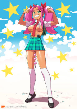 anal_beads backpack bag cellphone clothes_lift condom dark-skinned_female dark_skin dc_comics flexing green_eyes kneehighs looking_at_viewer no_panties phone pink_hair school_uniform sex_toy shirt_lift smartphone socks starfire teen_titans tekuho_no_habo twintails