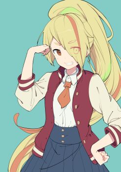 Rule 34 | 1girl, 523 (user efcm2455), :d, absurdres, arm up, blonde hair, blue skirt, brown eyes, collared shirt, eyes visible through hair, female focus, green hair, grin, hair over one eye, hand on own hip, high ponytail, highres, long sleeves, multicolored hair, necktie, nikaidou saki, open clothes, open mouth, open vest, ponytail, purple vest, red hair, red necktie, school uniform, shirt, skirt, smile, solo, streaked hair, teeth, unbuttoned, upper body, v-shaped eyebrows, vest, white shirt, wing collar, zombie land saga