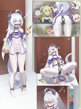 2girls absurdres ahoge ball_gag bodysuit bound bound_legs breasts brown_eyes character_request chastity_belt collarbone commentary_request copyright_request cross-section cuffs drill fangs gag gagged gluteal_fold green_hair grey_hair highres horns long_hair multiple_girls pointy_ears purple_eyes pussy_juice seele_ooooooso shackles small_breasts teeth thigh_gap upper_teeth_only very_long_hair white_bodysuit wiffle_gag