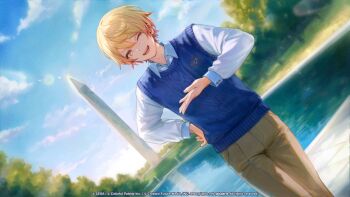 1boy :d bibimbub blonde_hair blue_sky blue_sweater_vest brown_pants cable_knit cloud cloudy_sky collared_shirt commentary day dress_shirt dutch_angle english_commentary feet_out_of_frame gradient_hair grass guest_art hand_on_own_hip hand_up highres lens_flare long_sleeves looking_at_viewer male_focus multicolored_hair official_art one_eye_closed open_mouth orange_eyes orange_hair outdoors pants pond project_sekai second-party_source shirt short_hair sky sleeve_cuffs smile solo standing sunlight sweater_vest teeth tenma_tsukasa tongue tree united_states upper_teeth_only very_short_hair washington_monument water white_shirt