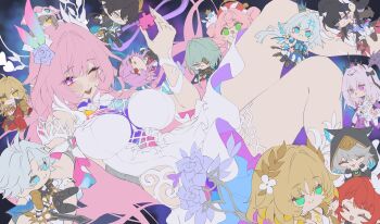 4boys 6+girls absurdres aglaea_(honkai:_star_rail) anaxa_(honkai:_star_rail) bare_shoulders blush breasts castorice_(honkai:_star_rail) cerydra_(honkai:_star_rail) chibi chibi_inset chrysos_heirs_(honkai:_star_rail) cipher_(honkai:_star_rail) commentary_request cyrene_(honkai:_star_rail) cyrene_(ripples_of_past_reverie)_(honkai:_star_rail) dan_heng_(honkai:_star_rail) dan_heng_(permansor_terrae)_(honkai:_star_rail) diamond-shaped_pupils diamond_(shape) dress evernight_(honkai:_star_rail) flower hair_flower hair_ornament hand_up highres honkai:_star_rail honkai_(series) hyacine_(honkai:_star_rail) hysilens_(honkai:_star_rail) large_breasts little_ica_(honkai:_star_rail) long_hair looking_at_viewer march_7th_(honkai:_star_rail) multiple_boys multiple_girls mydei_(honkai:_star_rail) netural one_eye_closed open_mouth phainon_(honkai:_star_rail) pink_eyes pink_hair pointy_ears purple_flower purple_rose puzzle_piece rose sidelocks smile stelle_(honkai:_star_rail) symbol-shaped_pupils thighs trailblazer_(honkai:_star_rail) tribbie_(honkai:_star_rail) unfinished very_long_hair white_dress