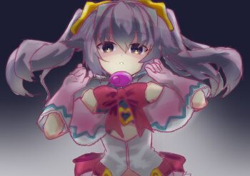 1girl bare_shoulders blood_tune bow capelet chaos;head chaos;head_love_chu_chu! cheren_r chest_bow clothing_cutout commentary_request cord_pull crime_prevention_buzzer crime_prevention_buzzer_threat erin-fray_orgel flat_chest gloves gradient_background hair_ornament highres long_hair looking_at_viewer magical_girl partially_shaded_face petite pink_capelet pink_gloves red_bow science_adventure shukusei!!_loli-kami_requiem solo star_(symbol) star_hair_ornament underboob_cutout upper_body