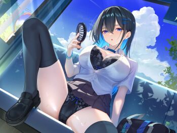 1girl :o arm_support bag bag_charm black_bra black_hair black_panties black_shoes black_skirt black_thighhighs blue_choker blue_eyes blue_hair blue_sky bow bow_bra bow_panties bra breasts charm_(object) choker cloud collared_shirt colored_inner_hair commentary_request crotch_seam day double-parted_bangs dutch_angle earrings floral_print floral_print_bra floral_print_panties foot_out_of_frame hair_between_eyes hair_ornament hairclip hand_fan hand_up handheld_electric_fan highres holding holding_fan hot indoors jewelry large_breasts leg_up loafers long_bangs long_hair looking_at_viewer maeshimashi miniskirt multicolored_hair original panties parted_lips partially_unbuttoned pleated_skirt print_panties school_bag school_uniform shiny_skin shirt shoes short_sleeves sitting skirt sky solo spread_legs straight_hair stud_earrings sweat thighhighs underwear white_shirt window wing_collar wristband