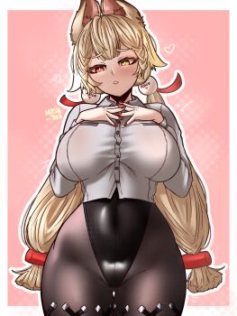 1girl absurdres alice_thymefield alternate_breast_size_(larger) alternate_costume animal_ear_fluff animal_ears artist_name black_leotard black_pantyhose blonde_hair border breasts cameltoe commentary covered_navel cowboy_shot dotted_background english_commentary gluteal_fold hair_ornament half-closed_eyes heart heterochromia high-waist_pantyhose highres large_breasts leotard long_hair looking_at_viewer low_twintails mashiaka outline pantyhose parted_lips pink_background rabbit_ears rabbit_girl red_eyes red_nails shirt solo sphere_hair_ornament twintails twitching white_border white_outline white_shirt wide_hips yellow_eyes zenless_zone_zero