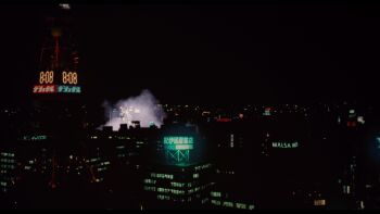 animated animated_png armor body_armor building city city_lights cityscape claws daiei_film destruction flippers gamera gamera_(series) gamera_2:_attack_of_legion highres japanese_text kaiju landing neon_lights night real_world_location roaring sapporo_(city) sapporo_tv_tower shell smoke steam transformation transforming_limb turtle turtle_shell tusks winter