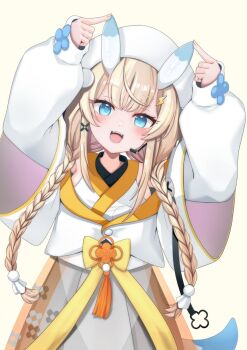 1girl arms_up bare_shoulders black_skirt blonde_hair blue_eyes blue_horns blue_tail blush braid breasts coat coat_partially_removed cowboy_shot flower_knot hair_ornament hair_over_shoulder hakama hakama_skirt hat headset highres horns index_fingers_raised japanese_clothes kadou_mikaru kimono large_breasts layered_sleeves lightning_bolt lightning_bolt_hair_ornament lightning_bolt_symbol long_sleeves looking_at_viewer low_twin_braids miniskirt multicolored_horns nail_polish nijisanji open_mouth pom_pom_(clothes) pom_pom_hair_ornament puffy_long_sleeves puffy_sleeves ribbon see-through_clothes short_over_long_sleeves short_sleeves sidelocks simple_background skirt smile solo standing teruterubouzu toriniku_(selene1050) twin_braids two-tone_horns two-tone_tail virtual_youtuber white_background white_coat white_hat white_horns white_kimono white_tail x_hair_ornament yellow_nails yellow_ribbon yellow_trim