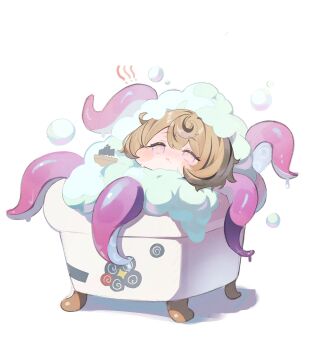 1girl absurdres bathtub blonde_hair blush chibi highres in_bathtub lumo_1121 monster_girl purple_eyes scylla simple_background soap_bubbles solo tentacle_girl tentacle_tail toy_ship white_background yidhari_murphy zenless_zone_zero