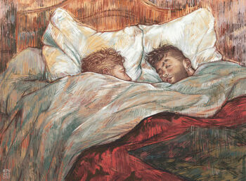 2boys absurdres afterglow bara beard_stubble bed blonde_hair bruja_(witchmeetsevil) call_of_duty call_of_duty:_modern_warfare_2 couple facial_hair fine_art_parody ghost_(modern_warfare_2) hair_tattoo happy highres le_lit_(toulouse-lautrec) lips male_focus mature_male multiple_boys no_mask parody sleeping soap_(modern_warfare_2) stubble toulouse_lautrec_(style) undercut upper_body yaoi