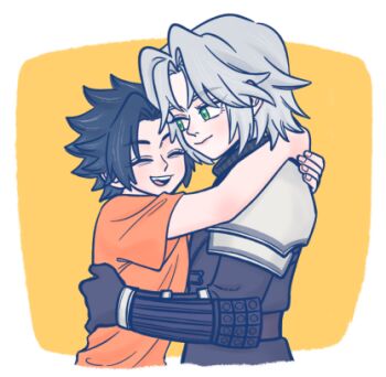 Rule 34 | 105zz, 2boys, arm around waist, armor, arms around neck, black gloves, black hair, black jacket, border, closed mouth, commentary request, final fantasy, final fantasy vii, final fantasy vii: ever crisis, gloves, grey hair, hug, jacket, lowres, male focus, multiple boys, open mouth, orange background, orange shirt, parted bangs, pauldrons, sephiroth, sephiroth (ever crisis), shirt, short hair, shoulder armor, smile, t-shirt, upper body, vambraces, white border, yaoi, zack fair