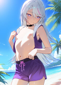 1girl beach black_choker blush braid breasts choker commission hair_between_eyes highres kanden_sky long_hair multicolored_hair navel nipples no_bra ocean open_clothes open_shirt original outdoors palm_tree parted_bangs pixiv_commission purple_eyes purple_hair purple_shirt purple_shorts shirt shorts sky sleeveless small_breasts solo streaked_hair swimsuit tree water white_hair