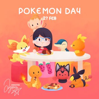 1girl black_hair charmander chewing chibi chibi_only chimchar commentary_request cookie cyndaquil dated donut eating fennekin food food_print fruit_print gen_1_pokemon gen_2_pokemon gen_3_pokemon gen_4_pokemon gen_5_pokemon gen_6_pokemon gen_7_pokemon glasses gradient_background kinokorin litten messy_hair nintendo no_humans on_head open_mouth pink_background pokemon pokemon_(creature) pokemon_on_head signature sitting socks tepig thumbprint_cookie torchic watermelon_print