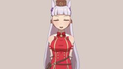 1girl animal_ears animated armband arms_behind_back bag bare_shoulders belt blunt_bangs bouncing_breasts bow breasts brown_bag brown_belt brown_hat buttons closed_eyes darling_in_the_franxx double-breasted dress ear_bow facing_viewer gloves gold_ship_(red_strife)_(umamusume) gold_ship_(umamusume) grey_background hat horse_ears horse_girl large_breasts long_hair martin_(tuxedopato) open_mouth pillbox_hat purple_bow red_armband red_bow red_dress scene_reference simple_background sleeveless sleeveless_dress smile solo straight-on tagme umamusume upper_body video white_gloves white_hair