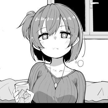 1girl bed breasts collarbone commentary_request glass highres hiryuu_(kancolle) hiryuu_(mitsukoshi_2019)_(kancolle) jewelry kantai_collection kodachi_(kuroyuri_shoukougun) large_breasts looking_at_viewer monochrome necklace one_side_up ribbed_sweater short_hair solo sweater upper_body window
