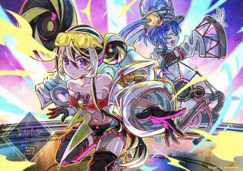 Rule 34 | artist name, blue eyes, blue hair, breasts, closed eyes, closed mouth, commentary request, duel monster, flat chest, goggles, hat, highres, kewl tune cue, kewl tune reco, mizutama (mizutamalion), multicolored hair, navel, open mouth, shako cap, signature, small breasts, stomach, tagme, yu-gi-oh!