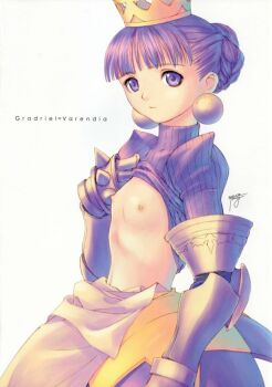 1girl armor armored_dress atlus breasts character_name clothes_lift clothes_pull crown dress female_focus flat_chest gauntlets gold_crown gradriel gradriel_de_valendia hair_up hat nipples petite princess_crown purple_eyes shirt_lift shirt_pull small_breasts solo tony_taka white_background