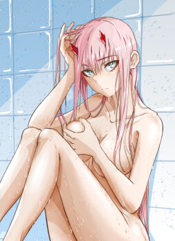 1girl albyee bath bathing breasts closed_mouth collarbone completely_nude darling_in_the_franxx grabbing_own_breast green_eyes hair_between_eyes hair_over_breasts highres horns large_breasts long_hair looking_at_viewer medium_breasts nude pink_hair sitting solo very_long_hair wet zero_two_(darling_in_the_franxx)