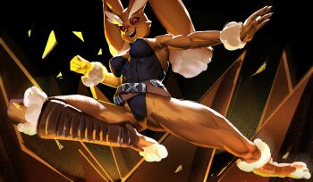 1girl 3d adapted_costume austinarts black_leotard breasts cleavage clenched_hand cosplay curvy furry furry_female gen_4_pokemon heart highleg highleg_leotard jacket jumping leotard looking_at_viewer lopunny marvel marvel_rivals nintendo open_clothes open_jacket open_mouth outdoors pokemon pokemon_(creature) rabbit_ears rabbit_girl rabbit_tail revealing_clothes rogue_(x-men) rogue_(x-men)_(cosplay) simple_background skindentation smile strapless strapless_leotard superhero_costume wide_hips