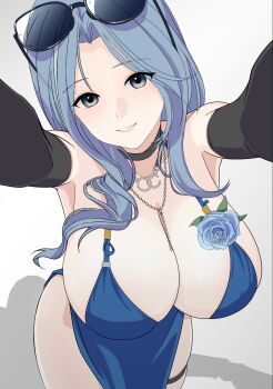 1girl bare_shoulders black_gloves blue_dress blue_hair breasts cococacico commentary_request dp-12_(girls'_frontline) dress elbow_gloves eyewear_on_head girls'_frontline girls'_frontline_2:_exilium gloves grey_background grey_eyes halter_dress halterneck helen_(girls'_frontline_2) helen_(starlit_waltz)_(girls'_frontline_2) highres huge_breasts jewelry looking_at_viewer necklace official_alternate_costume pelvic_curtain pov reaching reaching_towards_viewer shadow simple_background smile solo sunglasses teeth thigh_strap
