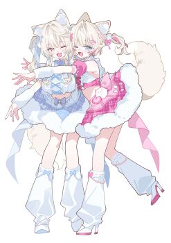 2girls absurdres animal_ear_fluff animal_ears arm_warmers back_bow blonde_hair blue_bow blue_hair blue_skirt bow commentary dog_ears dog_tail fang fur-trimmed_skirt fur_trim fuwawa_abyssgard high_heels highres hololive hololive_english hug leg_warmers midriff mococo_abyssgard multicolored_hair multiple_girls one_eye_closed pink_hair pink_shirt pink_skirt plaid_clothes plaid_skirt purple_eyes shirt siblings simple_background sisters skin_fang skirt sleeveless sleeveless_shirt standing standing_on_one_leg stemiomio streaked_hair symbol-only_commentary tail twins two_side_up virtual_youtuber white_background white_leg_warmers white_shirt