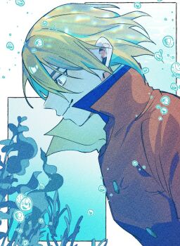 0a_9_(pixiv82791714) 1boy air_bubble blonde_hair bubble closed_mouth coat dr._stone from_side hair_between_eyes high_collar jacket male_focus nanami_ryuusui profile red_coat short_hair smile solo underwater upper_body