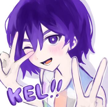 1boy ;d androgynous bare_arms bare_shoulders blush bright_pupils character_name checkered_clothes checkered_shirt commentary double-parted_bangs double_v drop_shadow eyebrows_hidden_by_hair from_above hair_between_eyes hands_up highres kel_(headspace)_(omori) kel_(omori) looking_at_viewer lower_teeth_only male_focus omori one_eye_closed open_mouth pale_skin purple_eyes purple_hair shirt short_hair simple_background sleeveless sleeveless_shirt smile solo teeth thick_eyebrows tongue upper_body v v-shaped_eyebrows v_over_eye waiwaisiyo_ze white_background white_pupils white_shirt
