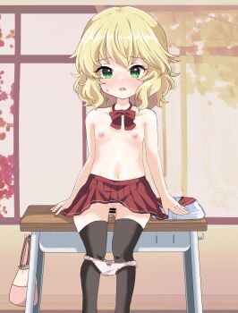absurdres arm_support bar_censor black_thighhighs blonde_hair blush bow bowtie censored classroom commentary_request desk dot_nose embarrassed green_eyes hair_between_eyes highres idolmaster idolmaster_cinderella_girls indoors loli looking_at_viewer nipples nose_blush on_desk open_mouth panties panty_pull pink_panties pleated_skirt pussy_juice red_bow red_bowtie red_sailor_collar red_skirt remiri_nicoeli sailor_collar sakurai_momoka school_desk school_uniform serafuku shirt short_hair sidelocks sitting skirt solo sweat thighhighs topless_female underwear unworn_shirt